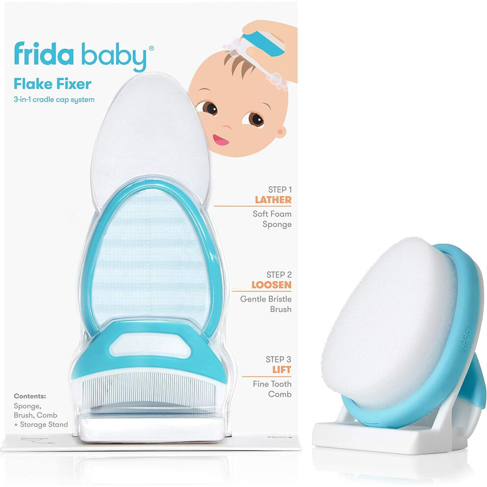 FridaBaby Derma the FlakeFixer Cradle Cap Treatment System 3-Step Cradle Kit Soothes Baby Scalp Prevent Dryness Flake Sponge Brush Comb Storage Stand