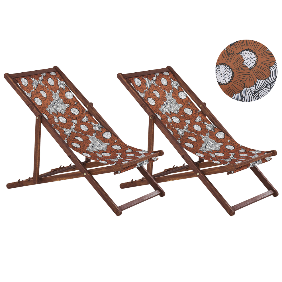 Set of 2 Acacia Folding Deck Chairs and 2 Replacement Fabrics Dark Wood with Off-White / Poppies Pattern ANZIO