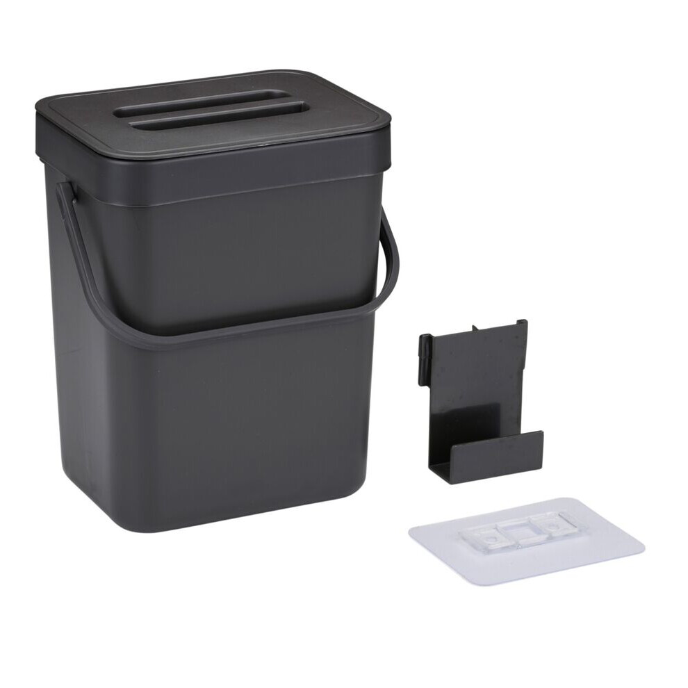 (Black) 3L Wall Mounted Hanging Recycling Waste Bin Kitchen Cabinet Door w/ Handle & Lid