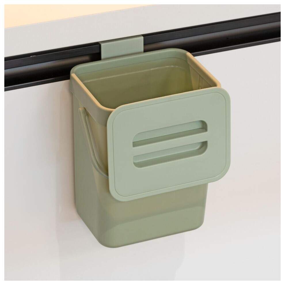 (Green) 3L Wall Mounted Hanging Recycling Waste Bin Kitchen Cabinet Door w/ Handle & Lid