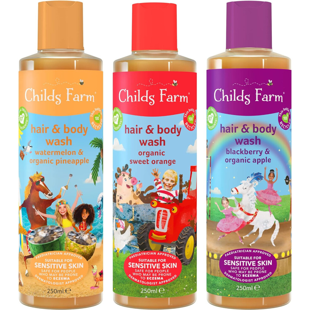 Kids Hair Body Wash Multipack Bundle 3x250ml Watermelon Pineapple Sweet Orange Blackberry Organic Apple Suitable Dry Itchy Eczema-prone Skin
