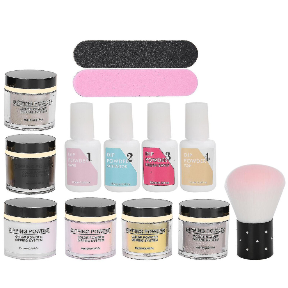 (K1215) 8pcs Nail Dipping Powder Set Nail Art Powder Top Base Coat Gel Dust Brush Manicure Tool Set