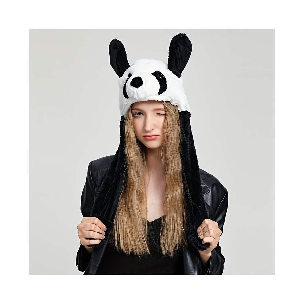 Mdsrjone (Black And White) Cute Panda Moving Ear Hats Black & White Cartoon Animal Hat Warm Plush Hat White,Black