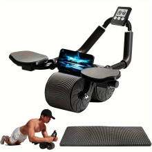 (Black) Ab Roller Wheel With Knee Mat Automatic Rebound Abdominal Wheel Timer