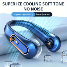 (Blue) Bladeless Hanging Neck Fan with 5 Speeds and Digital Display - Portable USB Cooler