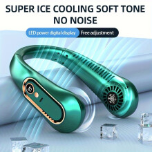 (Green) Bladeless Hanging Neck Fan with 5 Speeds and Digital Display - Portable USB Cooler