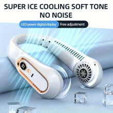(White) Bladeless Hanging Neck Fan with 5 Speeds and Digital Display - Portable USB Cooler