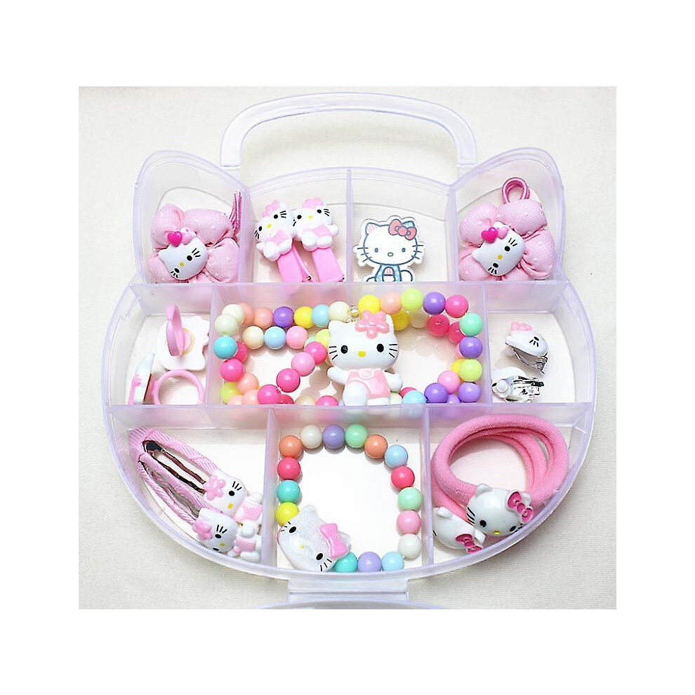 15pcs Set Hello Kitty Pink Kt Cat Children Girls Necklace Bracelet Set Hair Accessories Cute Baby Jewelry Holiday Gift With Box