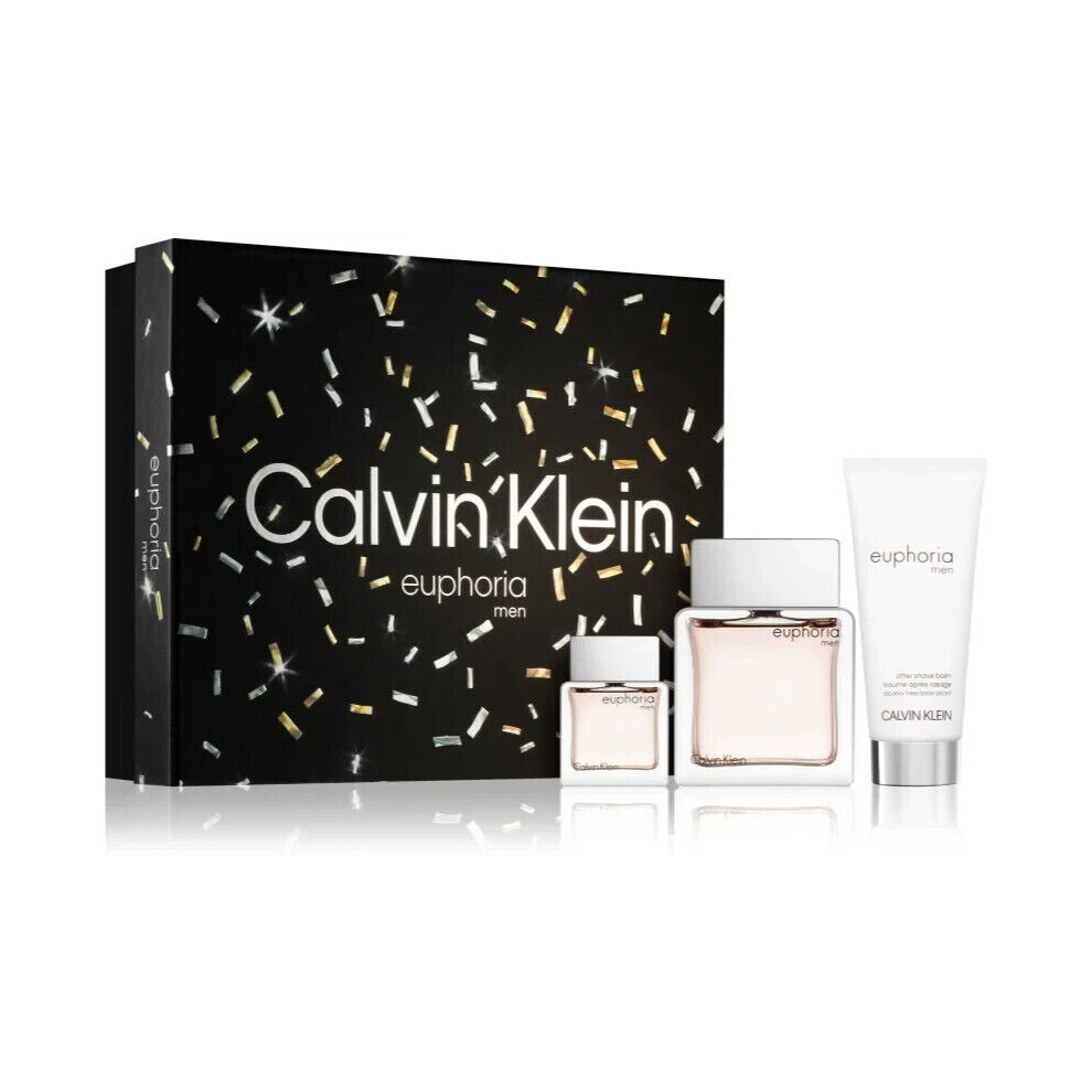 Calvin Klein Euphoria Men Gift Set 100ml EDT Spray + Aftershave Balm 100ml + Eau De Toilette 15ml