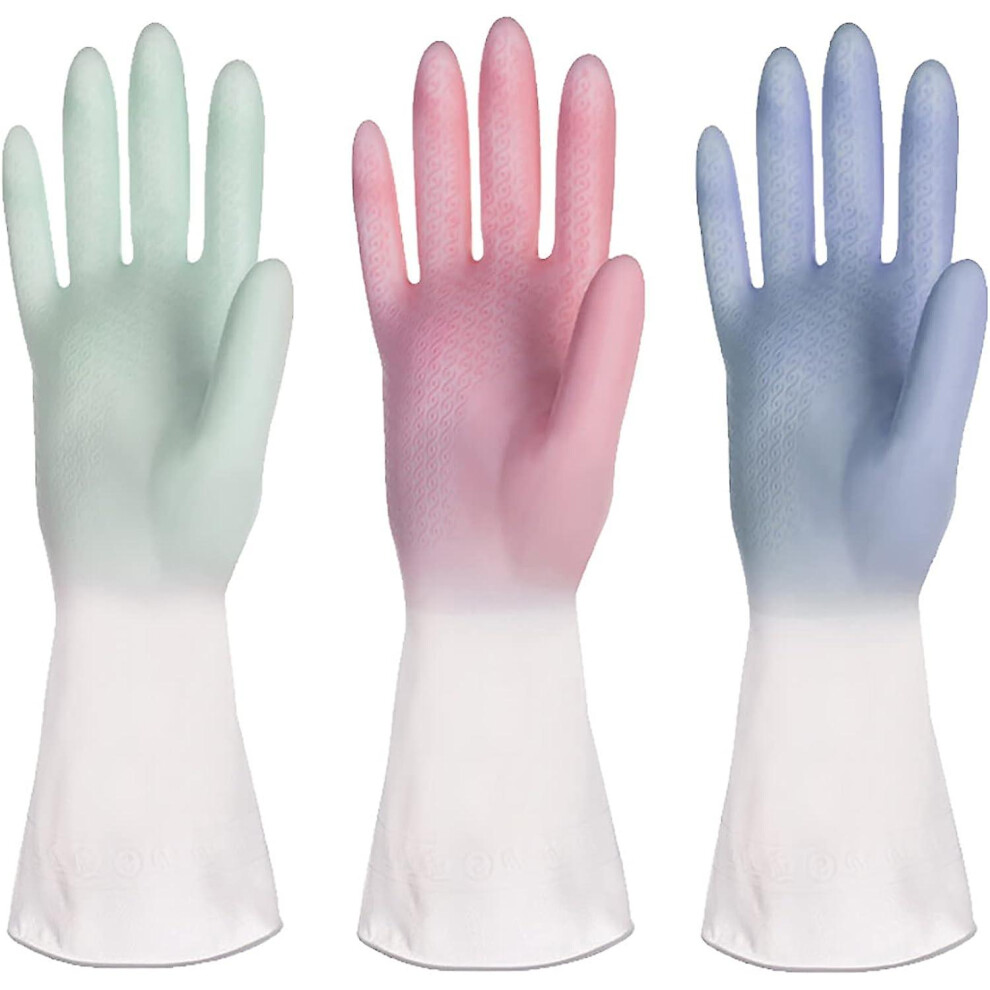 Rubber Cleaning Gloves,non-slip Texture,easy To Clean,reusable Gloves For Cleaning The Homeblue, Pink, Green3 Pairs-image-OPC-PDRFKMK-NEW