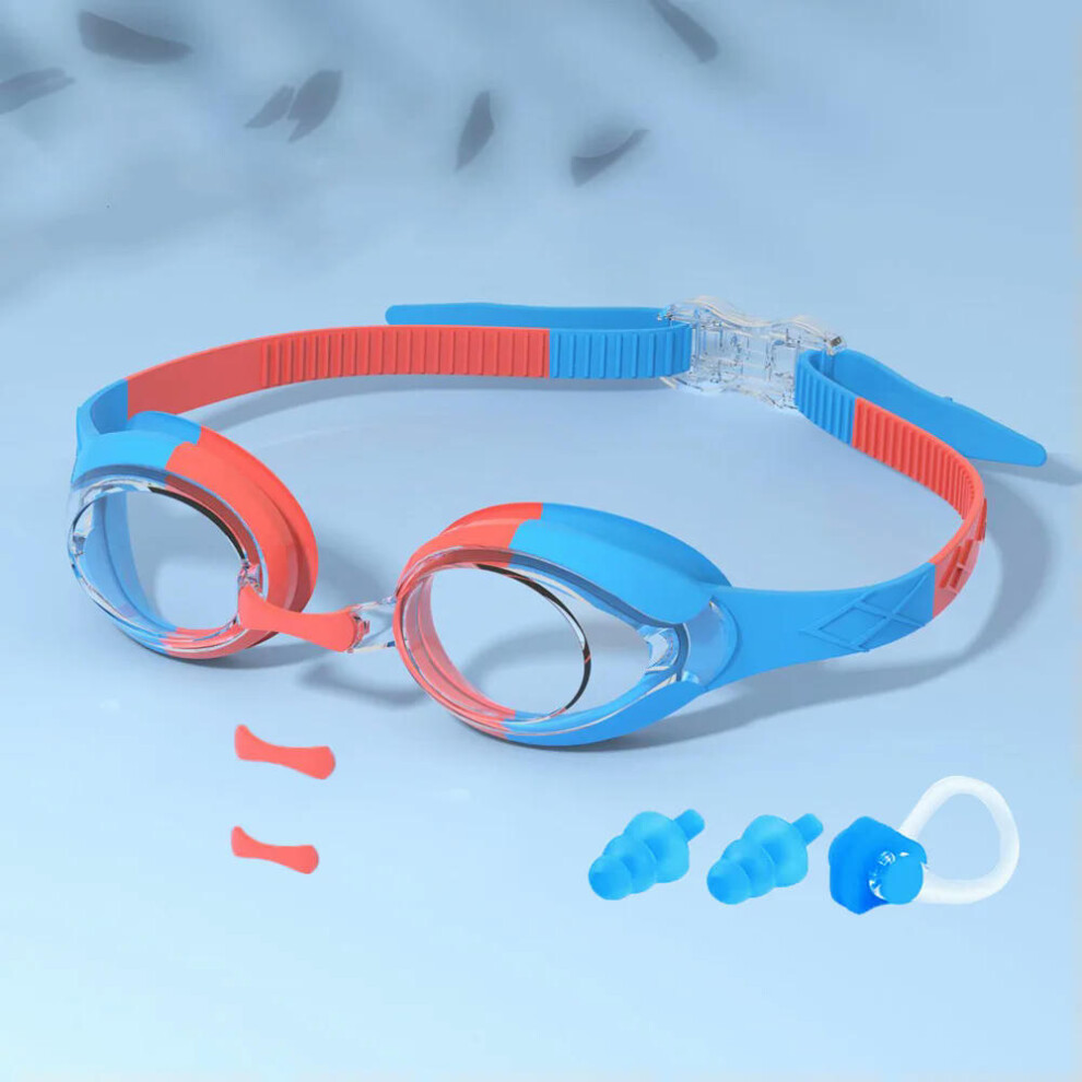 (BlueRed) Kids Swimming Goggles Waterproof Swim Eyewear Glasses Anti-fog&Leak Girls Boys Youth Quick Adjustable Strap Age 3-14 Years Old