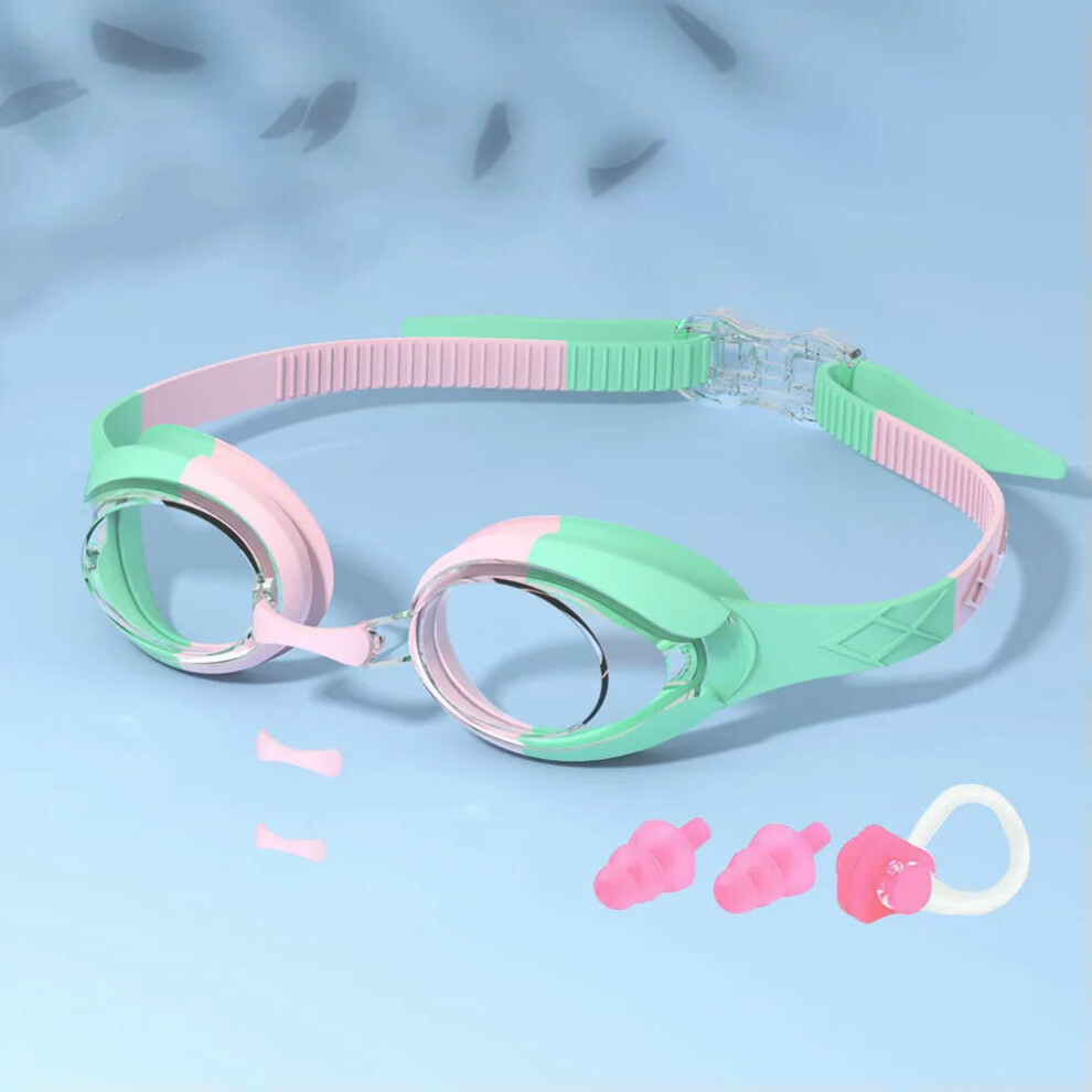 (PinkGreen) Kids Swimming Goggles Waterproof Swim Eyewear Glasses Anti-fog&Leak Girls Boys Youth Quick Adjustable Strap Age 3-14 Years Old