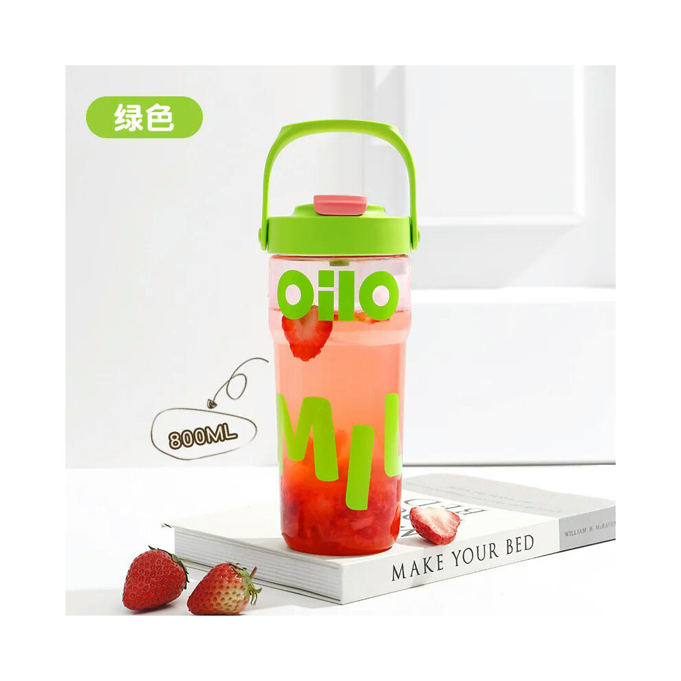 (800ml, Green) New Summer Straw Plastic Water Bottle Large Portable Travel Bottle Car Mounted Water Cup Outdoor Sport Fitness Cup Student Adult