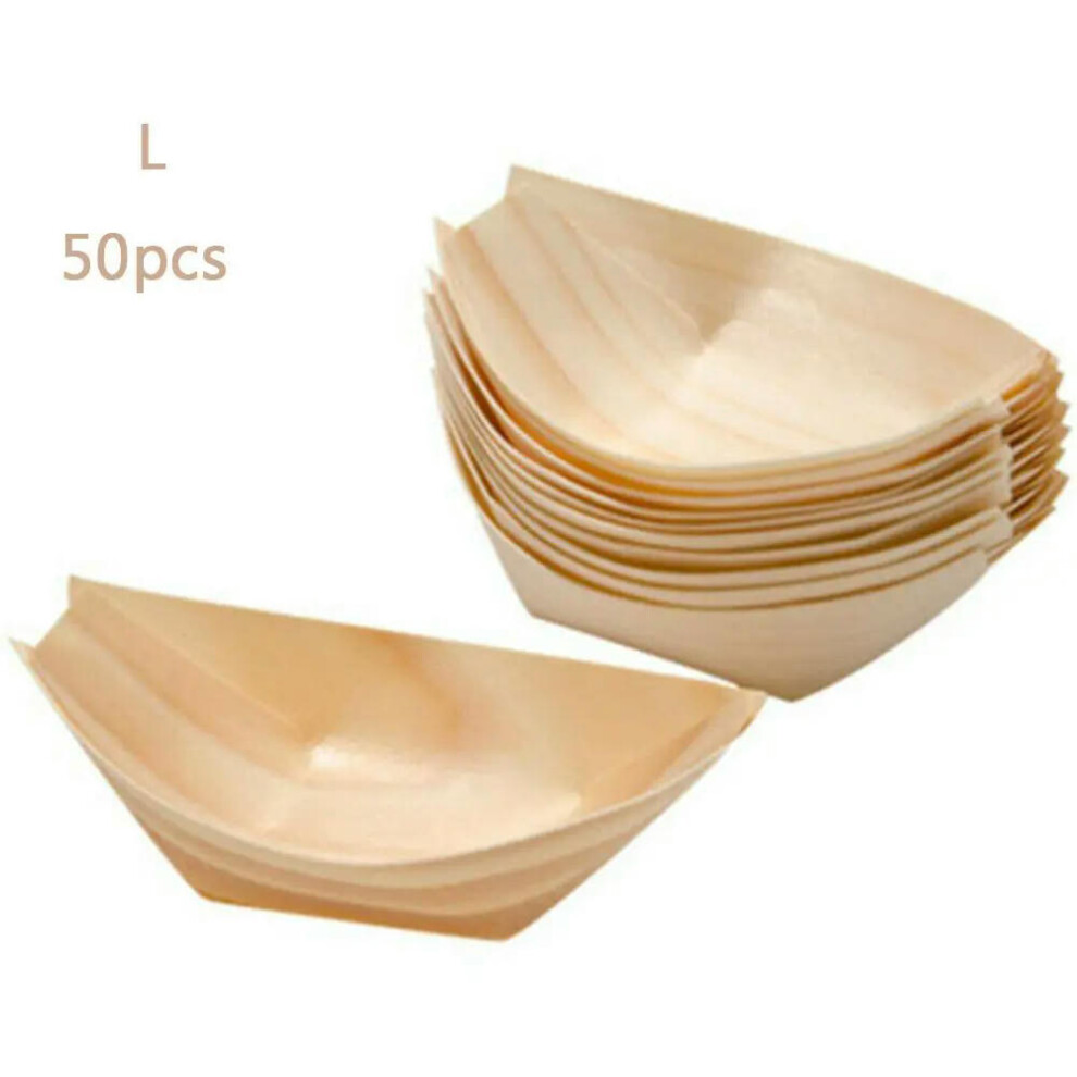 (L) 50Pcs Disposable Pine Wood Paper Bowl Adorable Boat Shape Serving Tray Sushi Food Kitchen Bakeware For Home Dining Bar