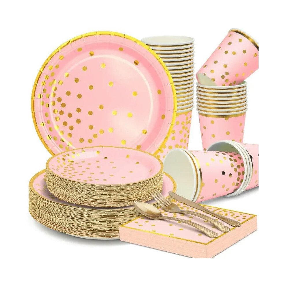 (pink, 350PCS) Paper Plates Tableware Set,Paper Party Supplies Include Disposable Plates,Dessert Plates,Cups,Napkins,Forks,Knives,Spoons