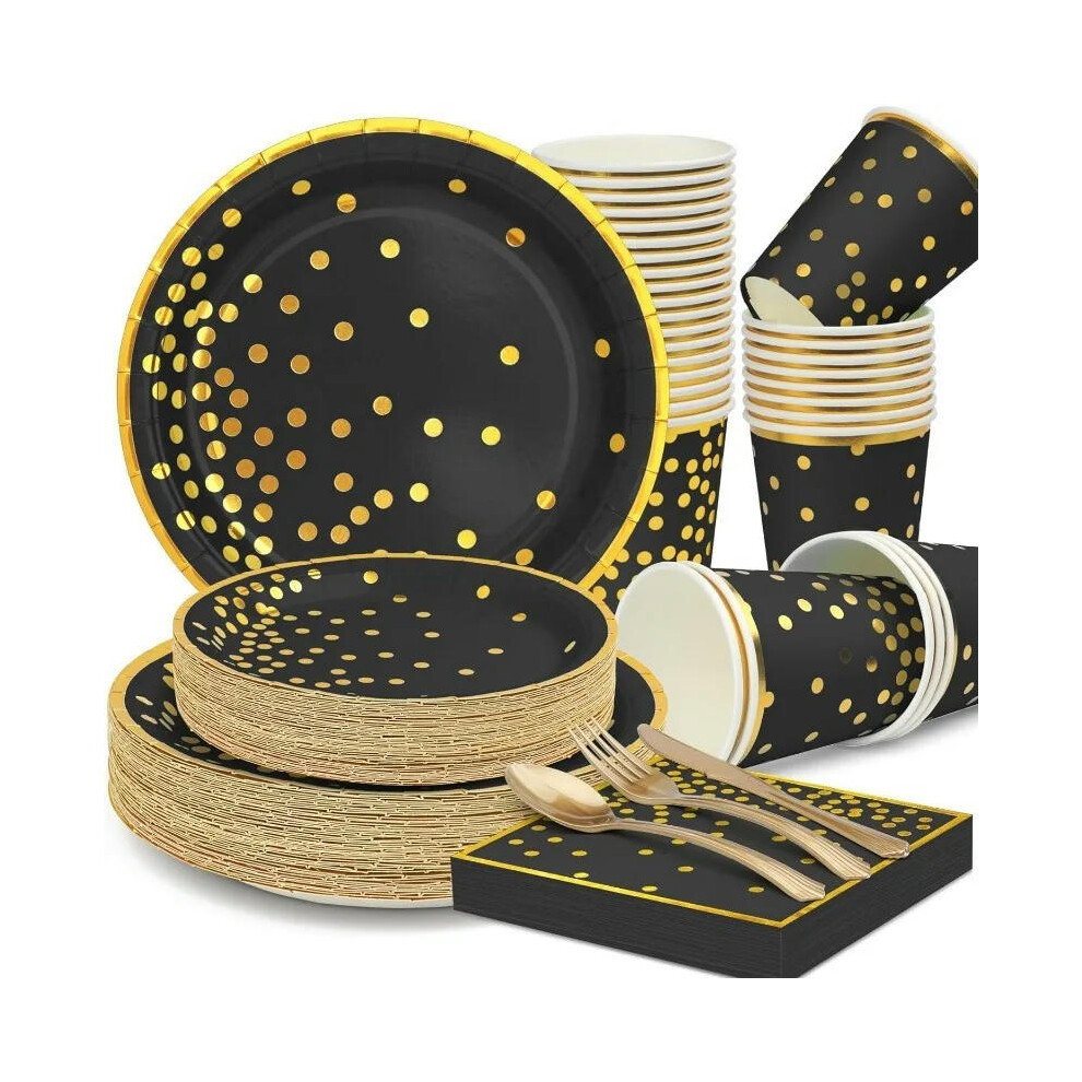 (Black, 350PCS) Paper Plates Tableware Set,Paper Party Supplies Include Disposable Plates,Dessert Plates,Cups,Napkins,Forks,Knives,Spoons