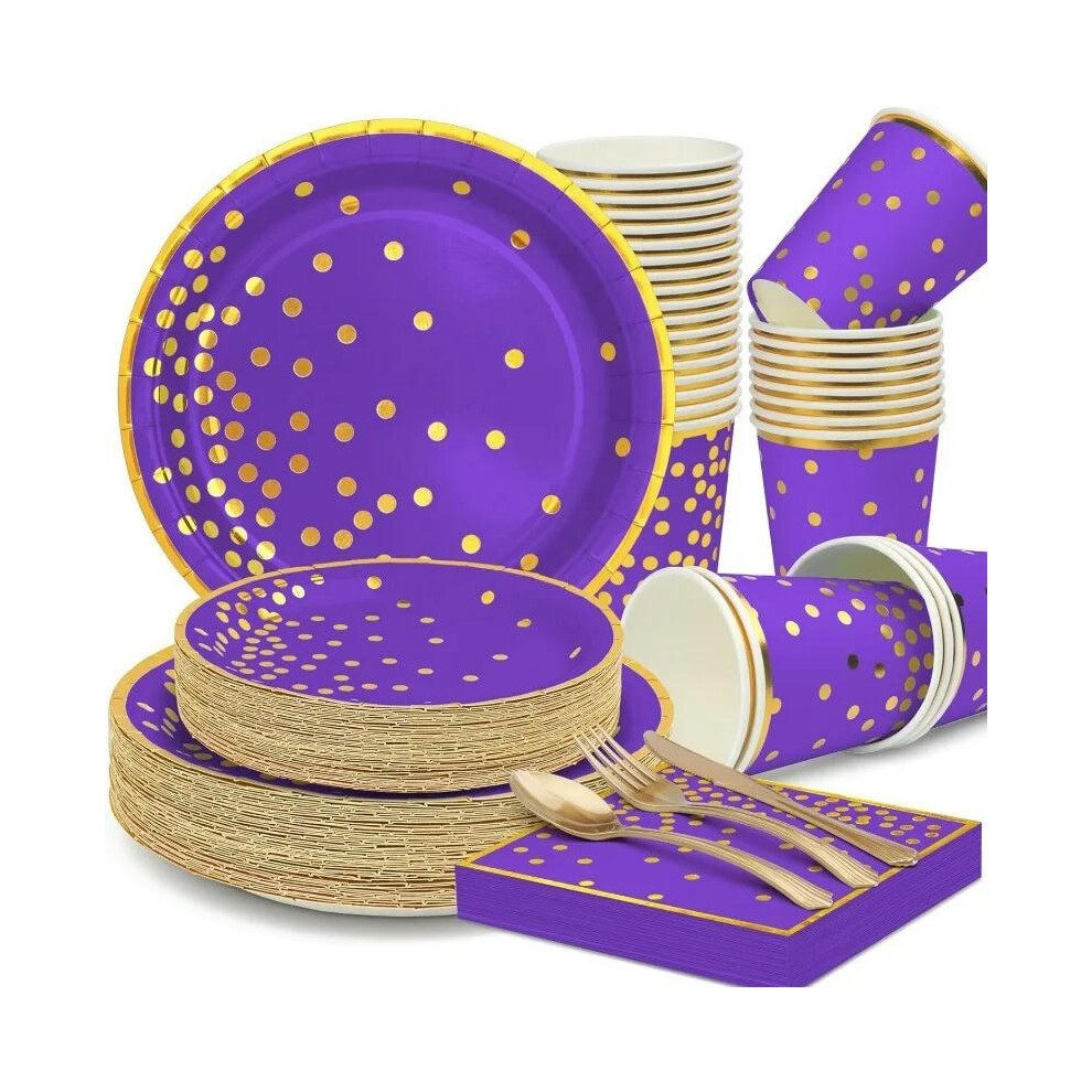 (Purple, 350PCS) Paper Plates Tableware Set,Paper Party Supplies Include Disposable Plates,Dessert Plates,Cups,Napkins,Forks,Knives,Spoons