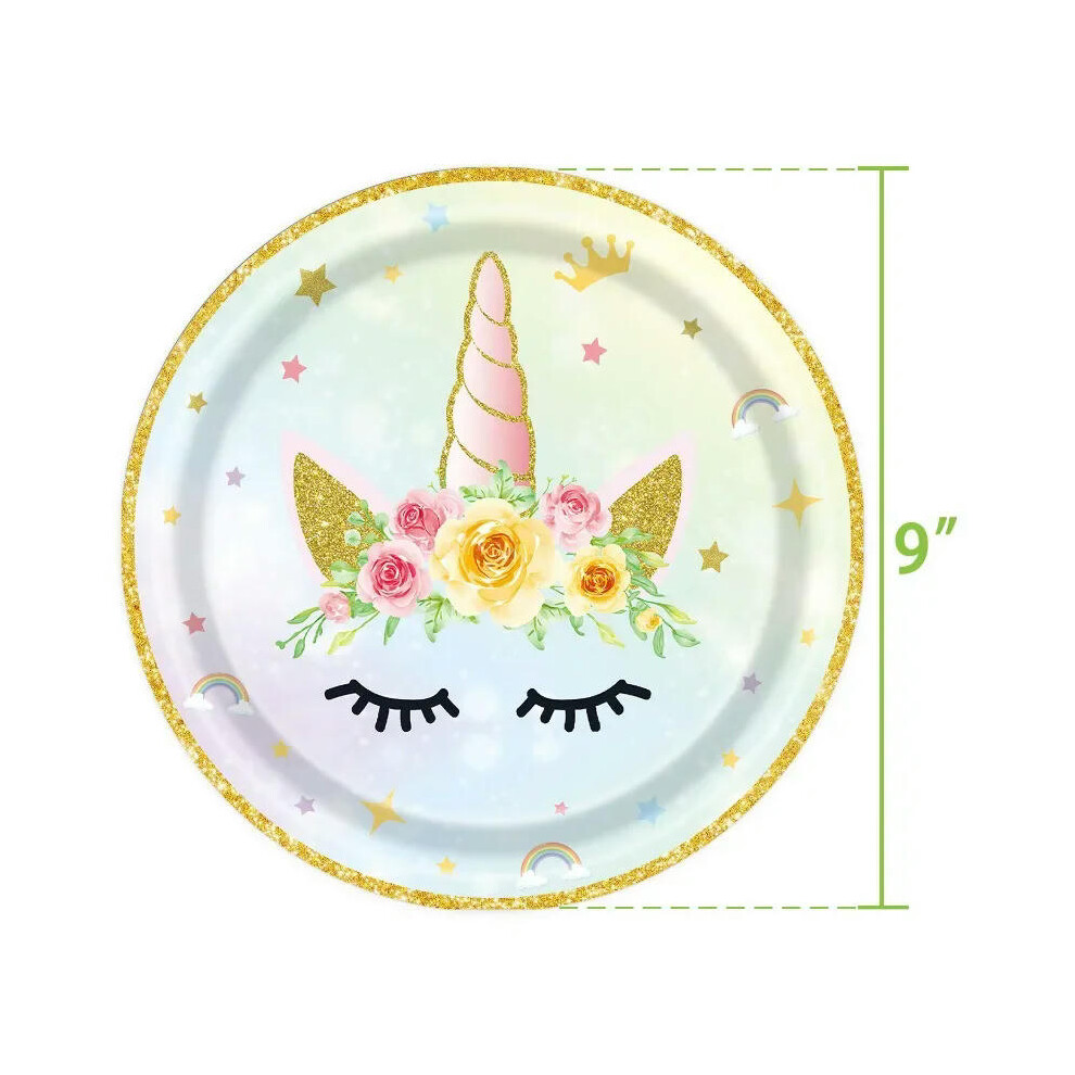 (16pcs 9in plate) Rainbow Illusion Unicorn Dinner Plate for Children's Birthday Party Disposable Party Set