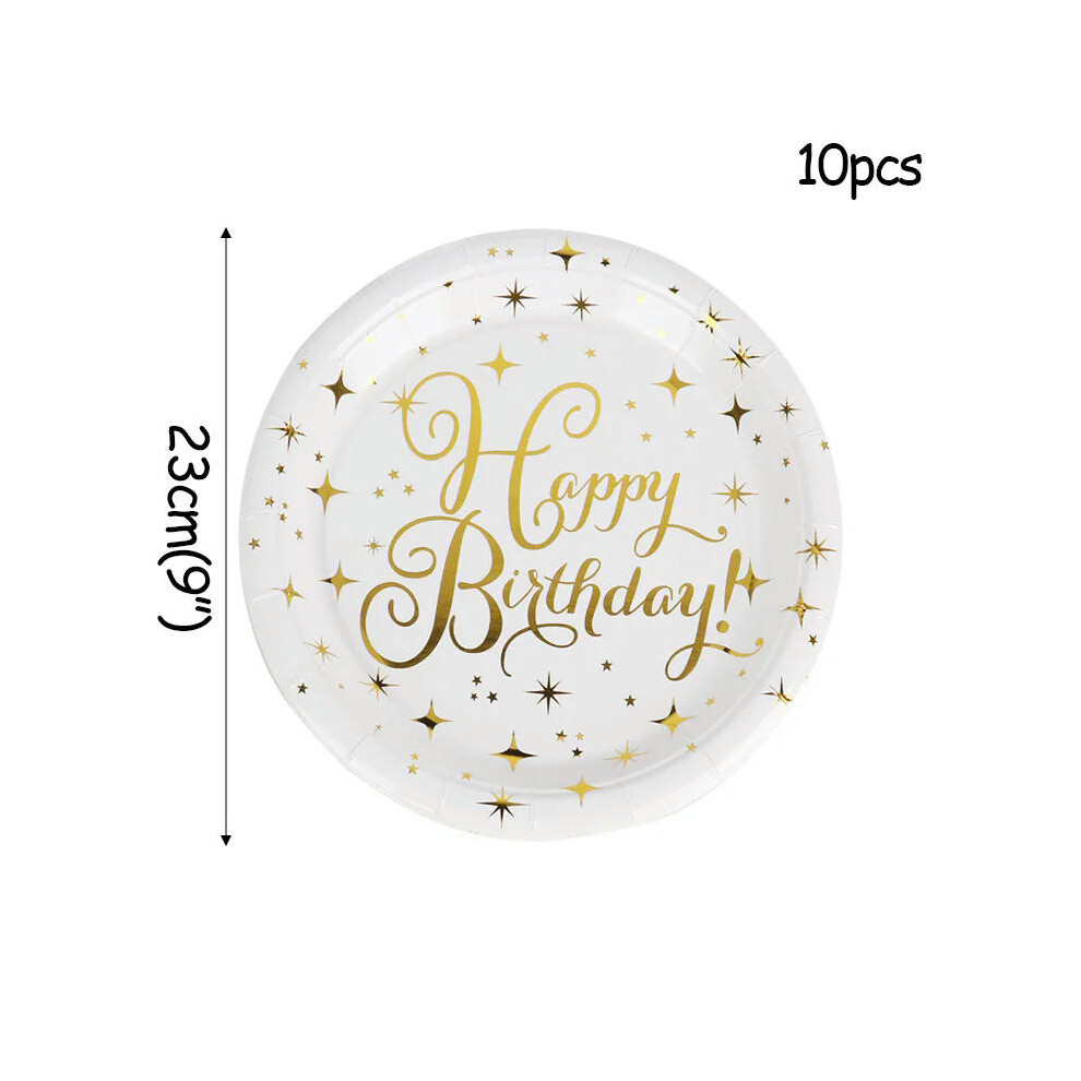 (10pcs 9inch Plate) Happy Birthday Party Polka Dot Gold Disposable Cutlery Plates cup Kids Adult Birthday Party Decoration Baby Shower Supplies