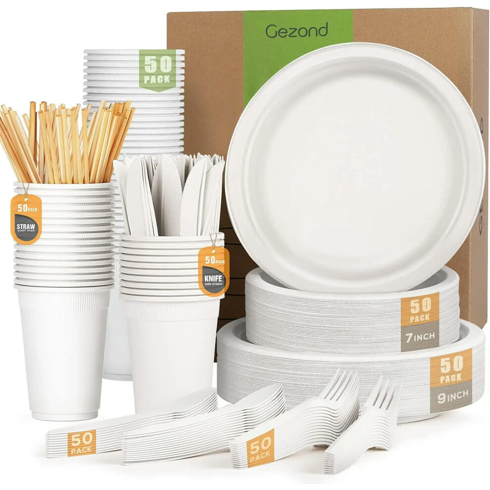 (White, 50 Guests) Plates Set Eco-friendly Heavy-duty Disposable Cutlery Includes Biodegradable Forks, Knives Spoons, Cups and Straws for 50 Guests