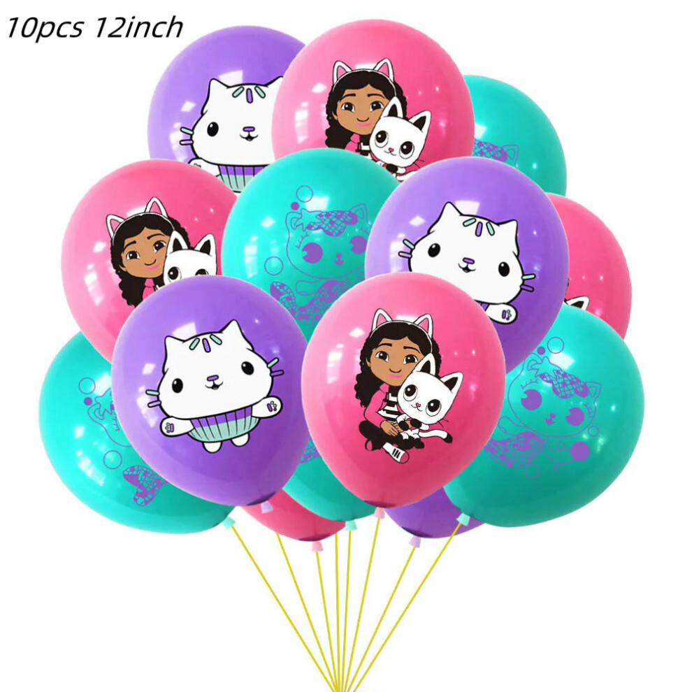 (10pcs 12inch set) Gabby Dollhouse Cat Disposable Party Cutlery Paper Plate Banner Tablecloth Girl Baby Shower Gift Birthday Decor Kit Supplies