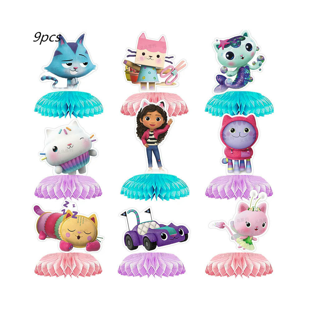 (9pcs Honeycomb) Gabby Dollhouse Cat Disposable Party Cutlery Paper Plate Banner Tablecloth Girl Baby Shower Gift Birthday Decor Kit Supplies