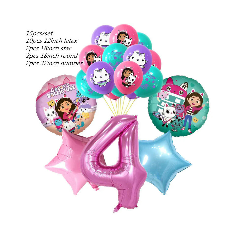 (15pcs number 4 set) Gabby Dollhouse Cat Disposable Party Cutlery Paper Plate Banner Tablecloth Girl Baby Shower Gift Birthday Decor Kit Supplies
