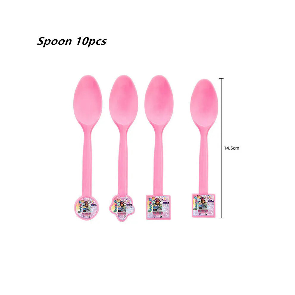 (10pcs spoon) Gabby Dollhouse Cat Disposable Party Cutlery Paper Plate Banner Tablecloth Girl Baby Shower Gift Birthday Decor Kit Supplies