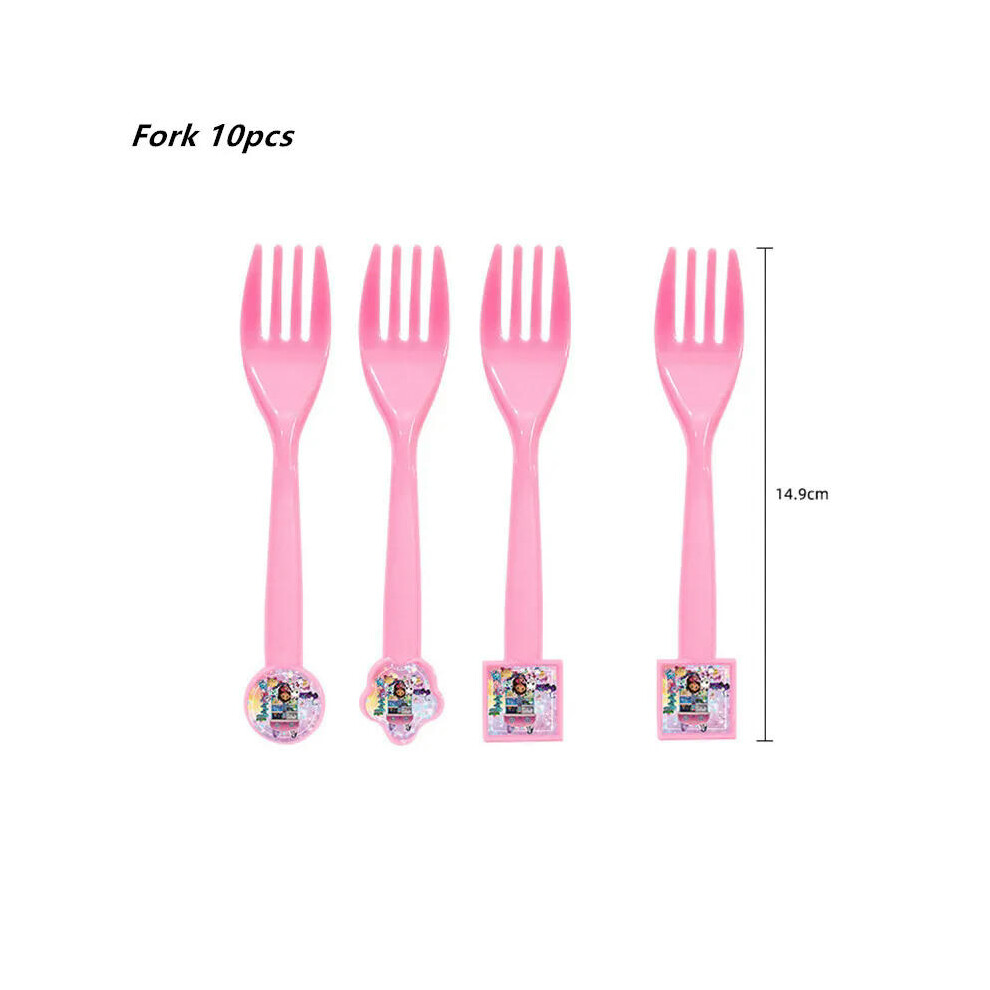 (10pcs fork) Gabby Dollhouse Cat Disposable Party Cutlery Paper Plate Banner Tablecloth Girl Baby Shower Gift Birthday Decor Kit Supplies