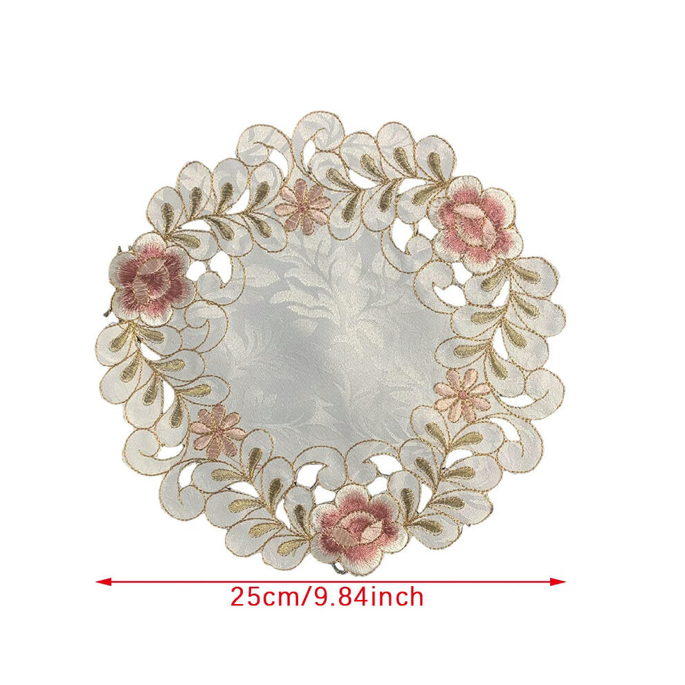 (25cm, L) Satin Rose Flower Embroidery Place Table Mat Cloth Pad Cup Doily Napkin Coaster New Year Placemat Christmas Wedding Kitchen