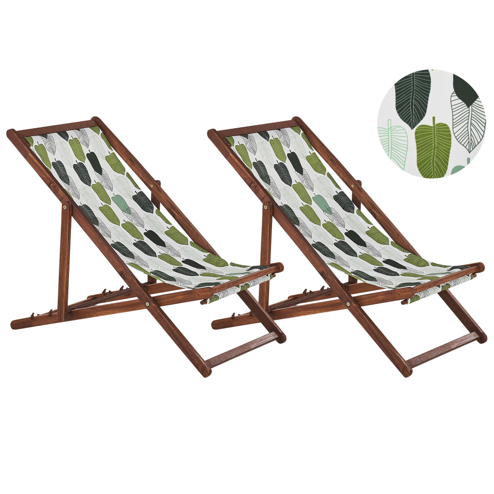 Set of 2 Folding Deck Chairs ANZIO with Replacement Fabrics Floral Motif Acacia Wood Dark Brown