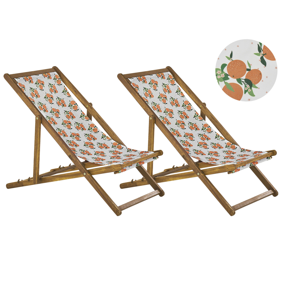 Set of 2 Folding Deck Chairs ANZIO with Replacement Fabrics Floral Motif Acacia Wood Light Brown