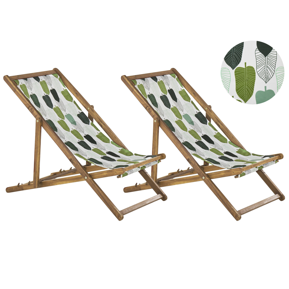 Set of 2 Folding Deck Chairs ANZIO with Replacement Fabrics Floral Motif Acacia Wood Light Brown