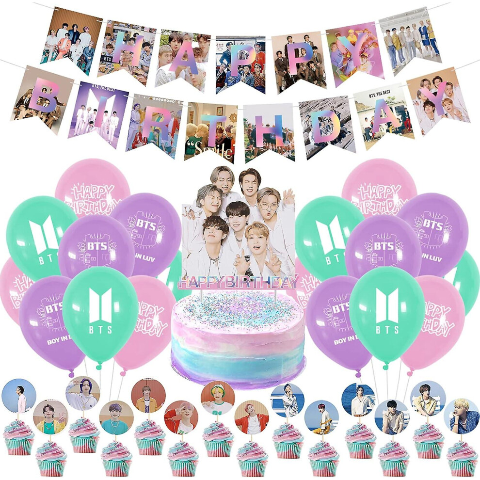 Bts Birthday Party Decorations, Kpop Birthday Supplies For Bangtan Boys Fans Include Bts Happy Birthday Banner Cake Toppers Balloons