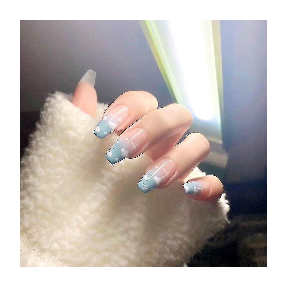 Blue 24Pcs Clouds Wear Long Paragraph Fashion Manicure Patch False Nails Save