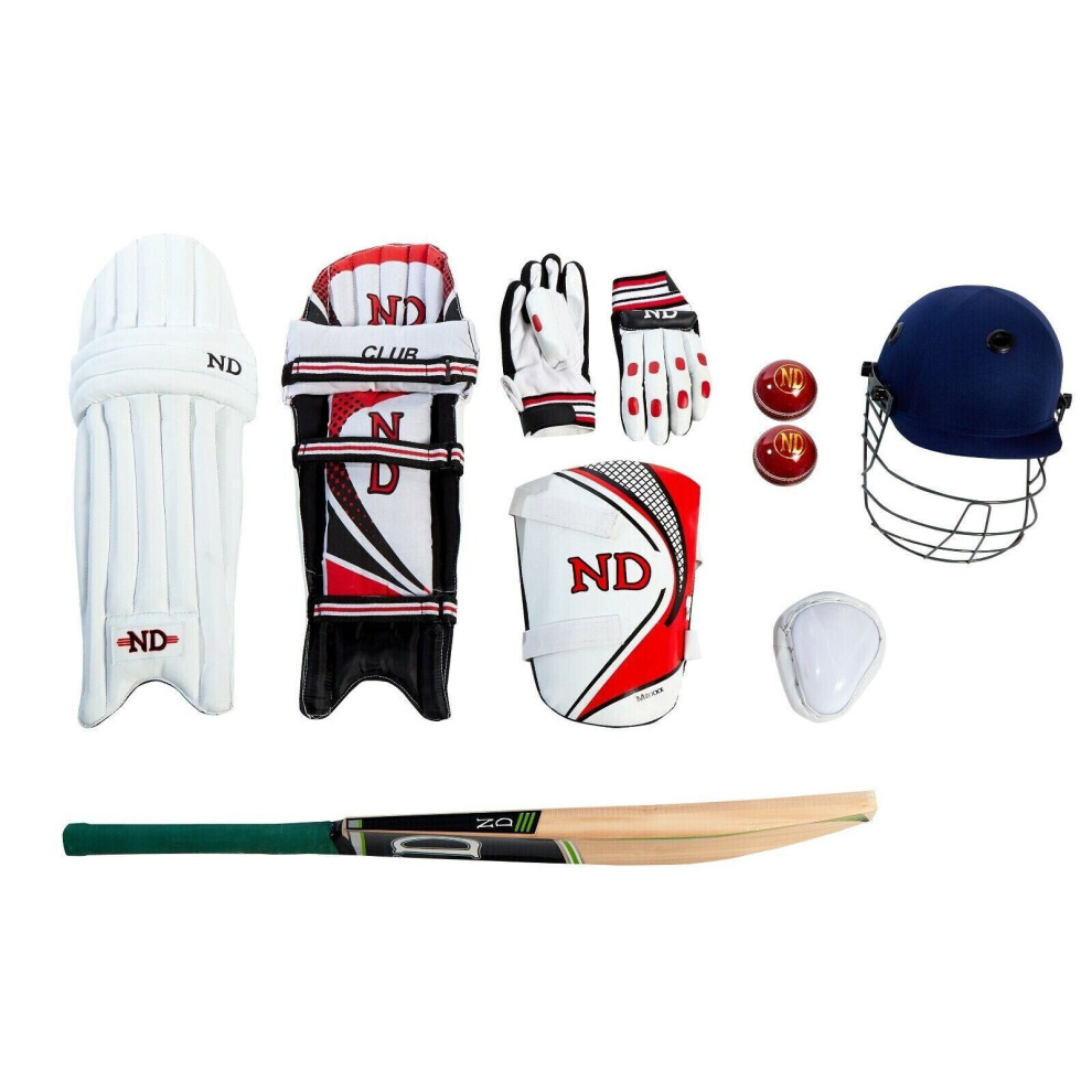 (Youths Ambi (9-14 Years)) ND CLUB Cricket Kit 11Pc Set Bat Ball Pad Leg Guard Glove Boys Youths Junior UK