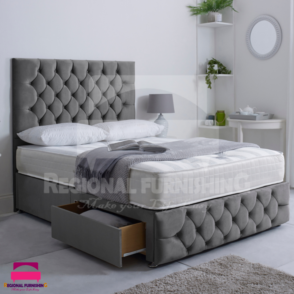 (4ft-Small Double(With 2 Drawers same side), Silver Plush) Chesterfield Divan Bed Frame Plush Velvet 54" Headboard+Mattress