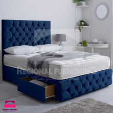 (5ft-King(Without Drawers), Blue Plush) Chesterfield Divan Bed Frame Plush Velvet 54" Headboard+Mattress