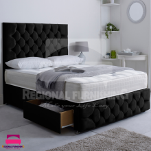 (5ft-King(With 2 Drawers footend side), Black Plush) Chesterfield Divan Bed Frame Plush Velvet 54" Headboard+Mattress