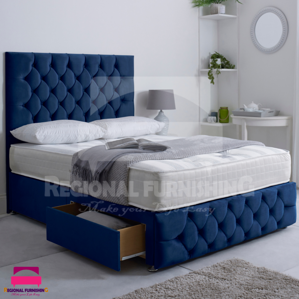 (5ft-King(With 4 Drawers), Blue Plush) Chesterfield Divan Bed Frame Plush Velvet 54" Headboard+Mattress