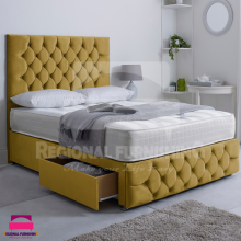 (6ft-SuperKing(Without Drawers), Mustard Plush) Chesterfield Divan Bed Frame Plush Velvet 54" Headboard+Mattress