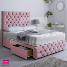 (6ft-SuperKing(With 4 Drawers), Pink Plush) Chesterfield Divan Bed Frame Plush Velvet 54" Headboard+Mattress