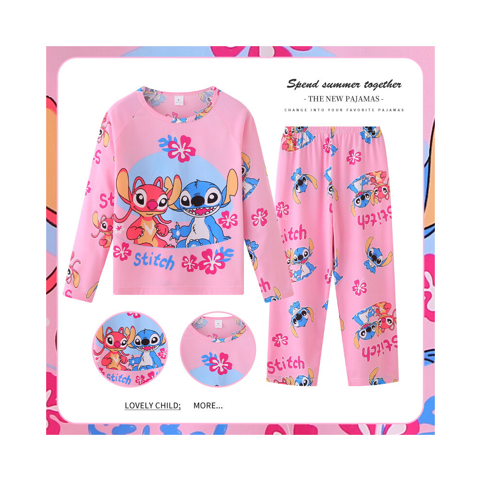 Rywolt (, 120Cm/47.24In) Lilo Childrens Stitch Pajamas Long Sleeve Set Cartoon Cute Pajamas Pink