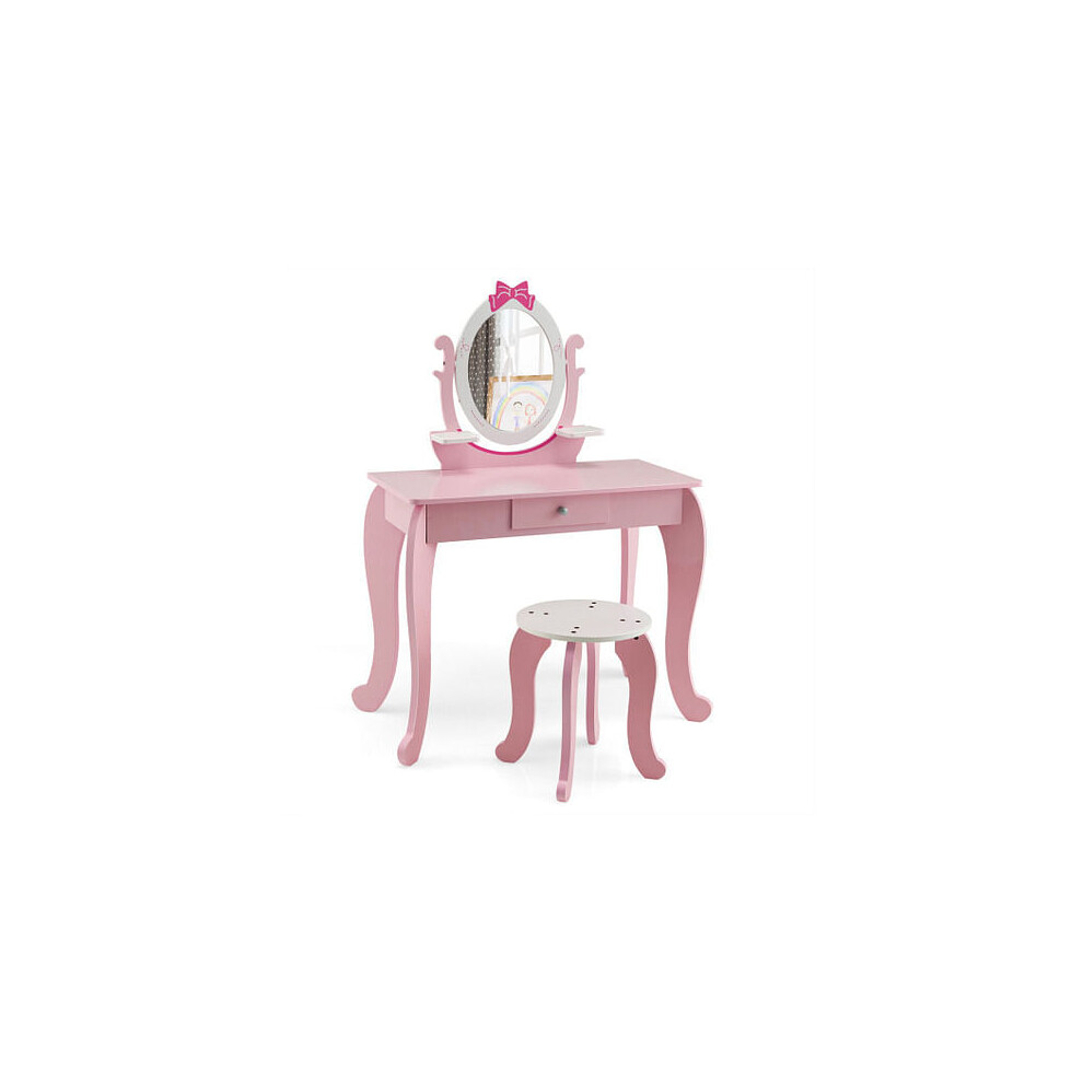 Not,Specified Kid Vanity Table Stool Set With Oval Rotatable Mirror-Pink Size 28