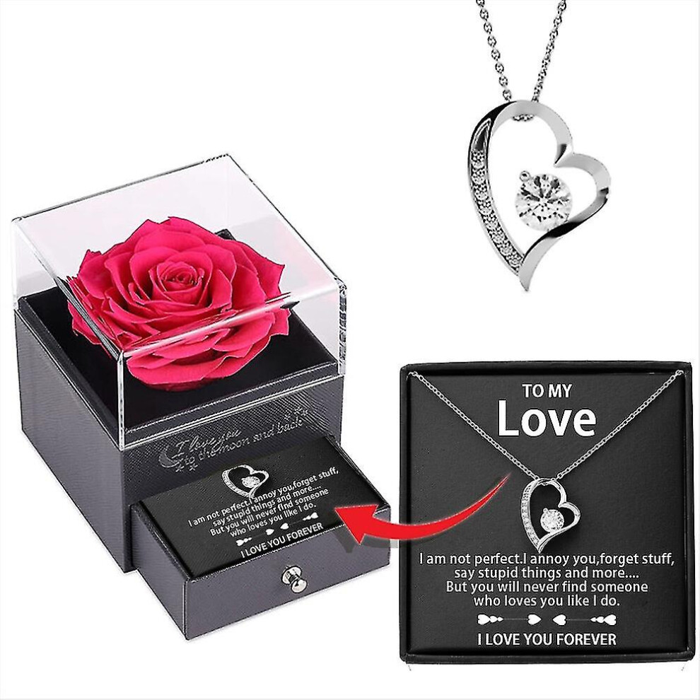 (silver) Forever Red Rose Gift Box With Necklace Real Eternal Rose Heart Necklace,enchanted Rose Flower Jewellery Gift For Her Mum Wife Women On Mothers Day An