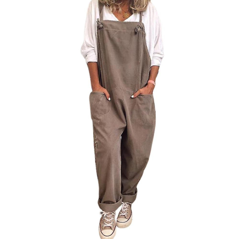 (Khaki, M) Womens Summer Overalls Pockets Dungarees Linen Playsuit Casual Loose Romper Sleeveless Jumpsuit-image-OPC-PDRHCJW-NEW