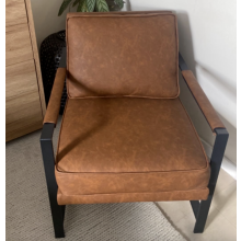 46018 Vintage Industrial Armchair - Faux Leather, Padded Armrests, Metal Frame, Light Brown