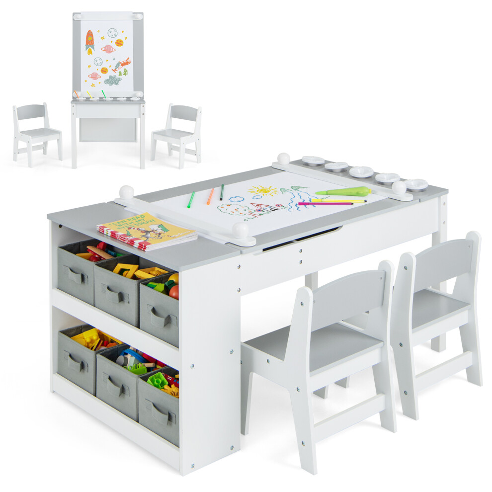 2-in-1 Wooden Kids Art Table & Art Easel Set w/ Chairs & Storage