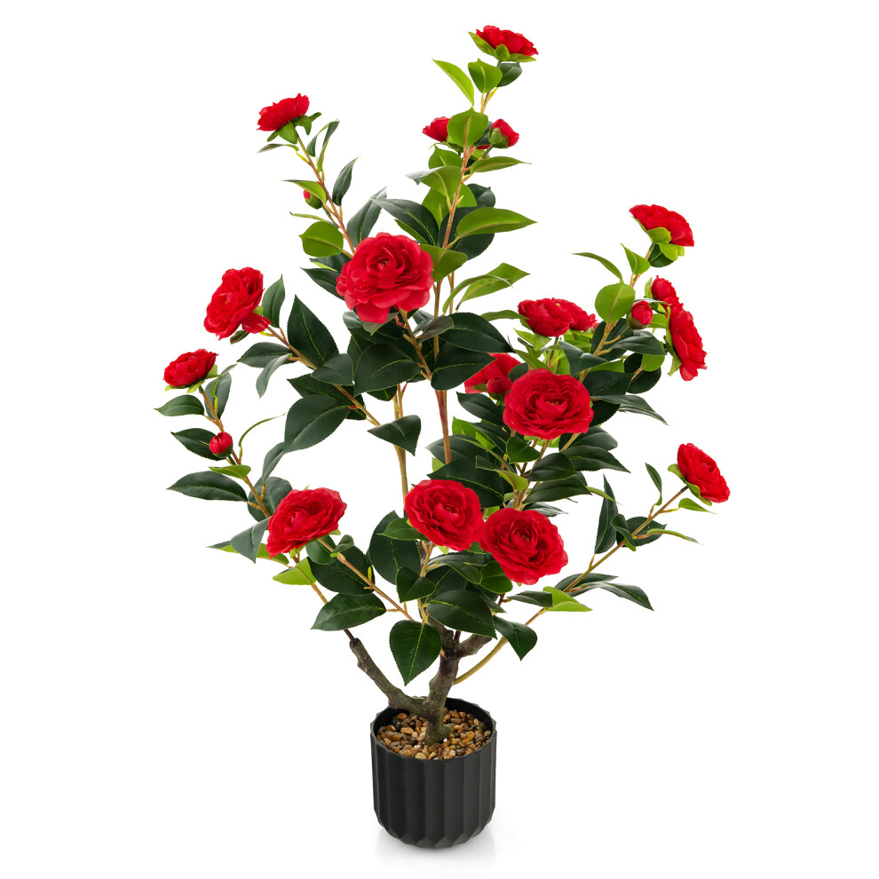 Red Artificial Camellia Tree in Cement Pot Free Maintenance