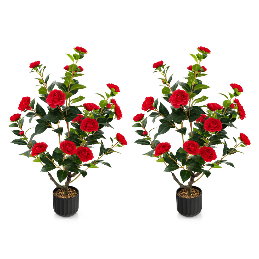 2PCS Red Artificial Camellia Trees in Cement Pot Free Maintenance